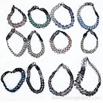 Glass Bead Plastic Weave Stretch Tattoo Choker Necklace